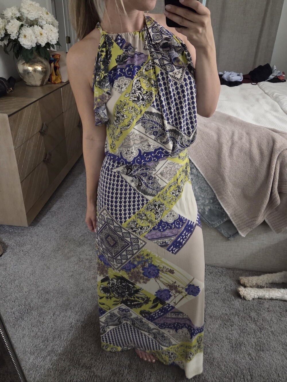 Julian Chang Patchwork Print Halter Maxi Dress Purple Chartreuse Size Small - Picture 9 of 15